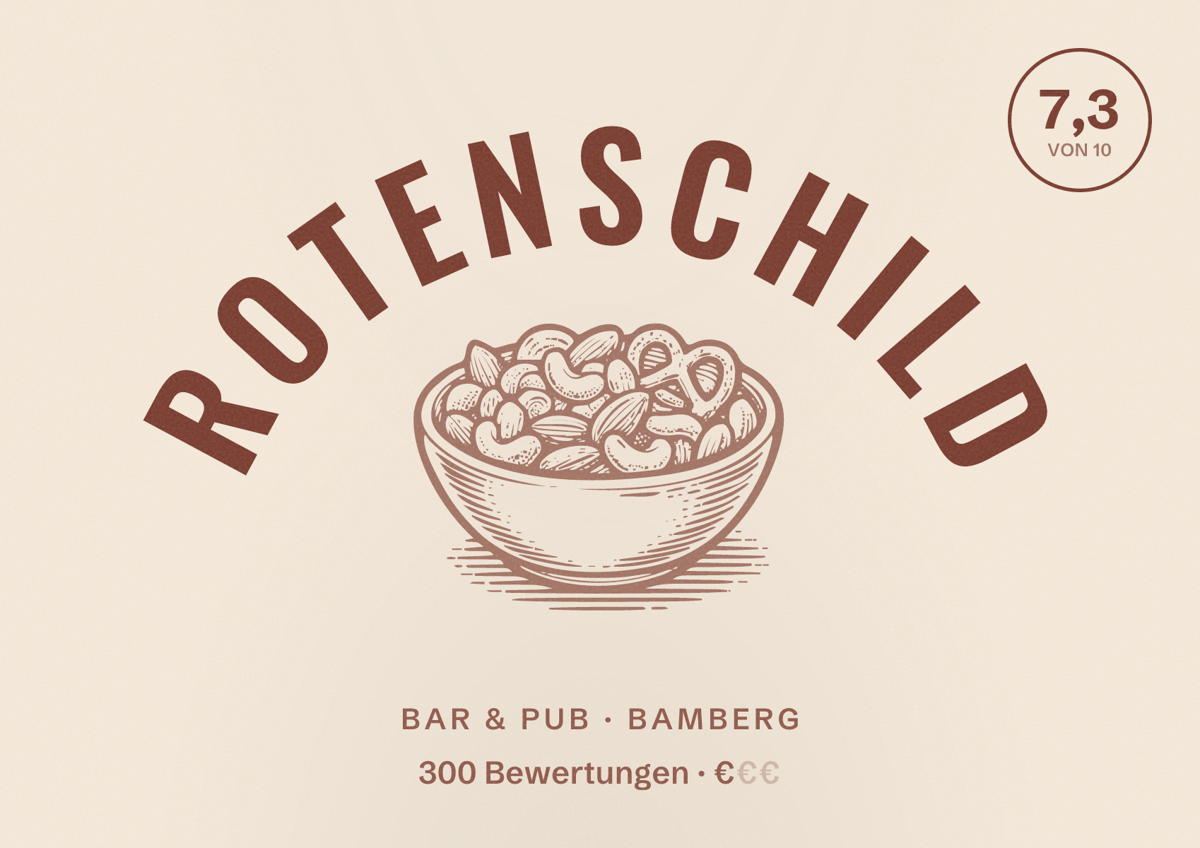 Illustriertes Poster von Rotenschild, Bar & Pub in Bamberg: Bewertung 7,3 von 10 aus 300 Bewertungen, Preisniveau €