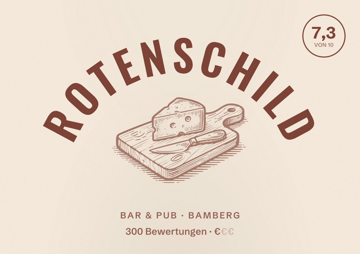 Illustriertes Poster von Rotenschild, Bar & Pub in Bamberg: Bewertung 7,3 von 10 aus 300 Bewertungen, Preisniveau €