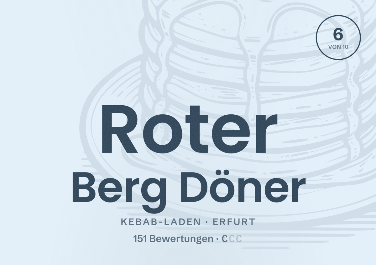 Illustriertes Poster von Roter Berg Döner, Kebab-Laden in Erfurt: Bewertung 6 von 10 aus 151 Bewertungen, Preisniveau €