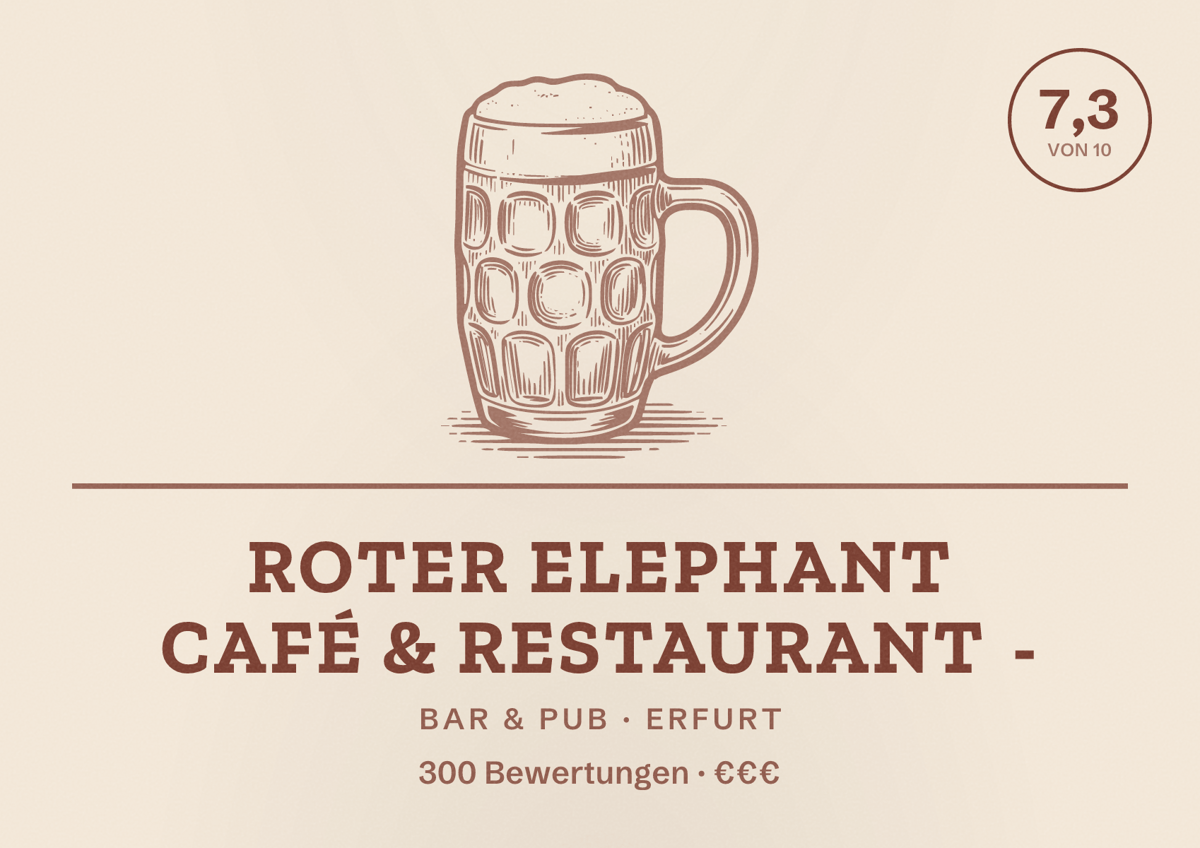 Illustriertes Poster von Roter Elephant Café & Restaurant -, Bar & Pub in Erfurt: Bewertung 7,3 von 10 aus 300 Bewertungen, Preisniveau €€€