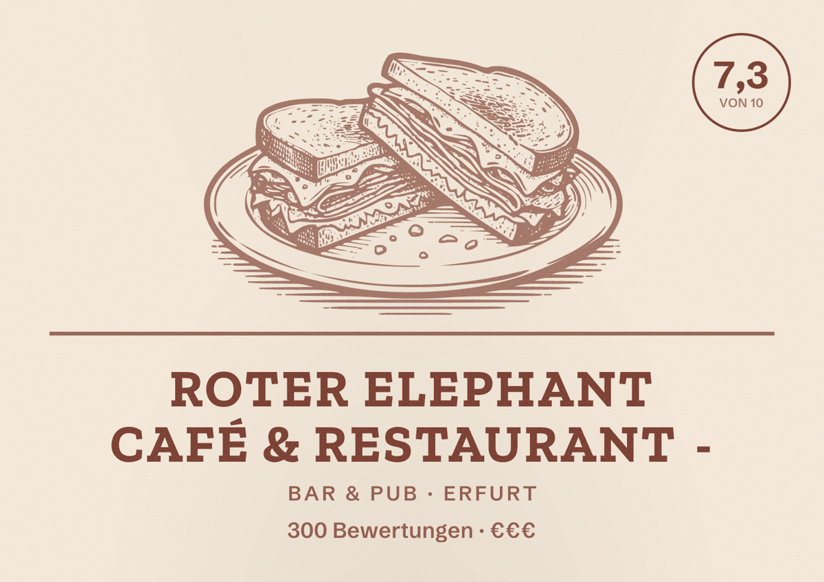 Illustriertes Poster von Roter Elephant Café & Restaurant -, Bar & Pub in Erfurt: Bewertung 7,3 von 10 aus 300 Bewertungen, Preisniveau €€€