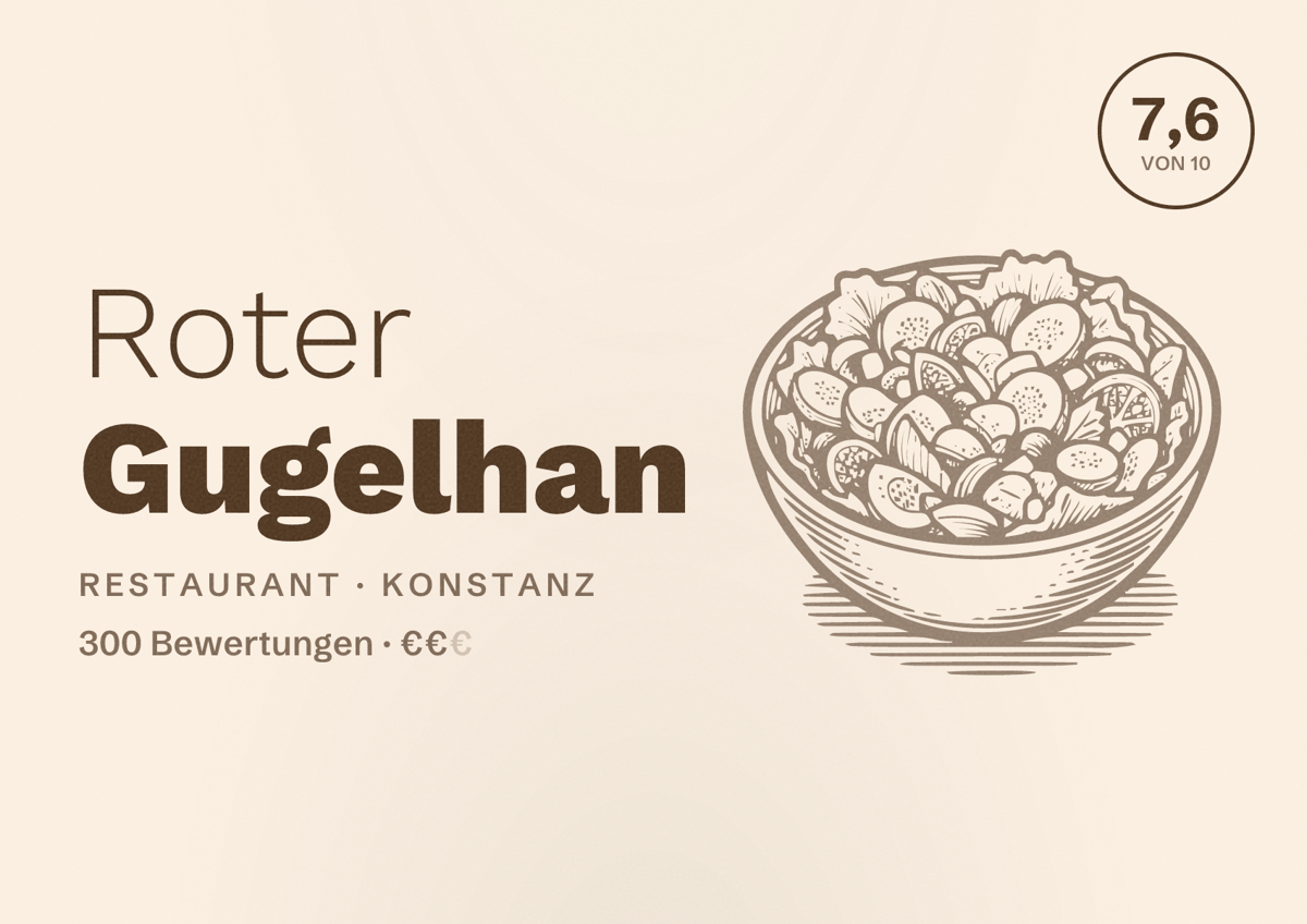 Illustriertes Poster von Roter Gugelhan, Restaurant in Konstanz: Bewertung 7,6 von 10 aus 300 Bewertungen, Preisniveau €€