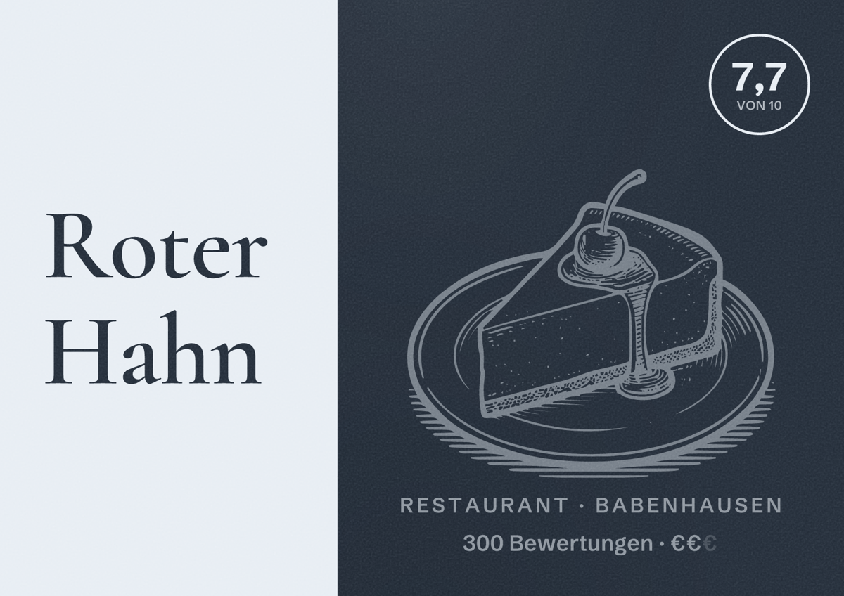 Illustriertes Poster von Roter Hahn, Restaurant in Babenhausen: Bewertung 7,7 von 10 aus 300 Bewertungen, Preisniveau €€