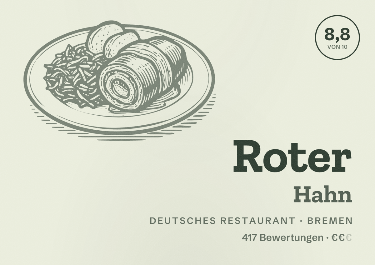 Illustriertes Poster von Roter Hahn, Deutsches Restaurant in Bremen: Bewertung 8,8 von 10 aus 417 Bewertungen, Preisniveau €€