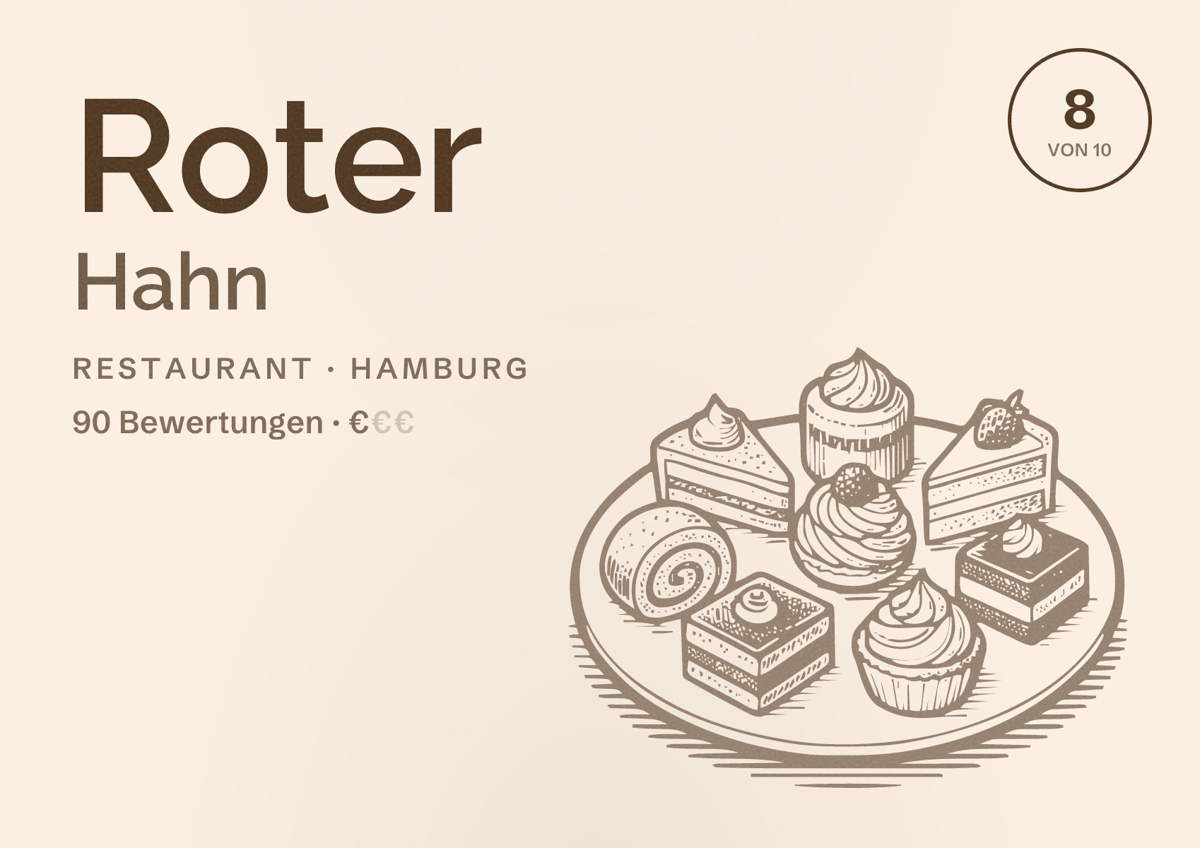 Illustriertes Poster von Roter Hahn, Restaurant in Hamburg: Bewertung 8,0 von 10 aus 90 Bewertungen, Preisniveau €