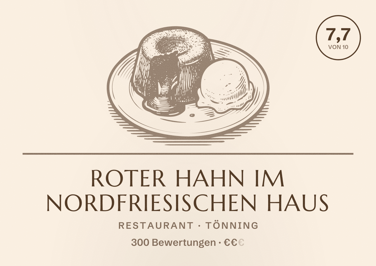Illustriertes Poster von Roter Hahn im Nordfriesischen Haus, Restaurant in Tönning: Bewertung 7,7 von 10 aus 300 Bewertungen, Preisniveau €€
