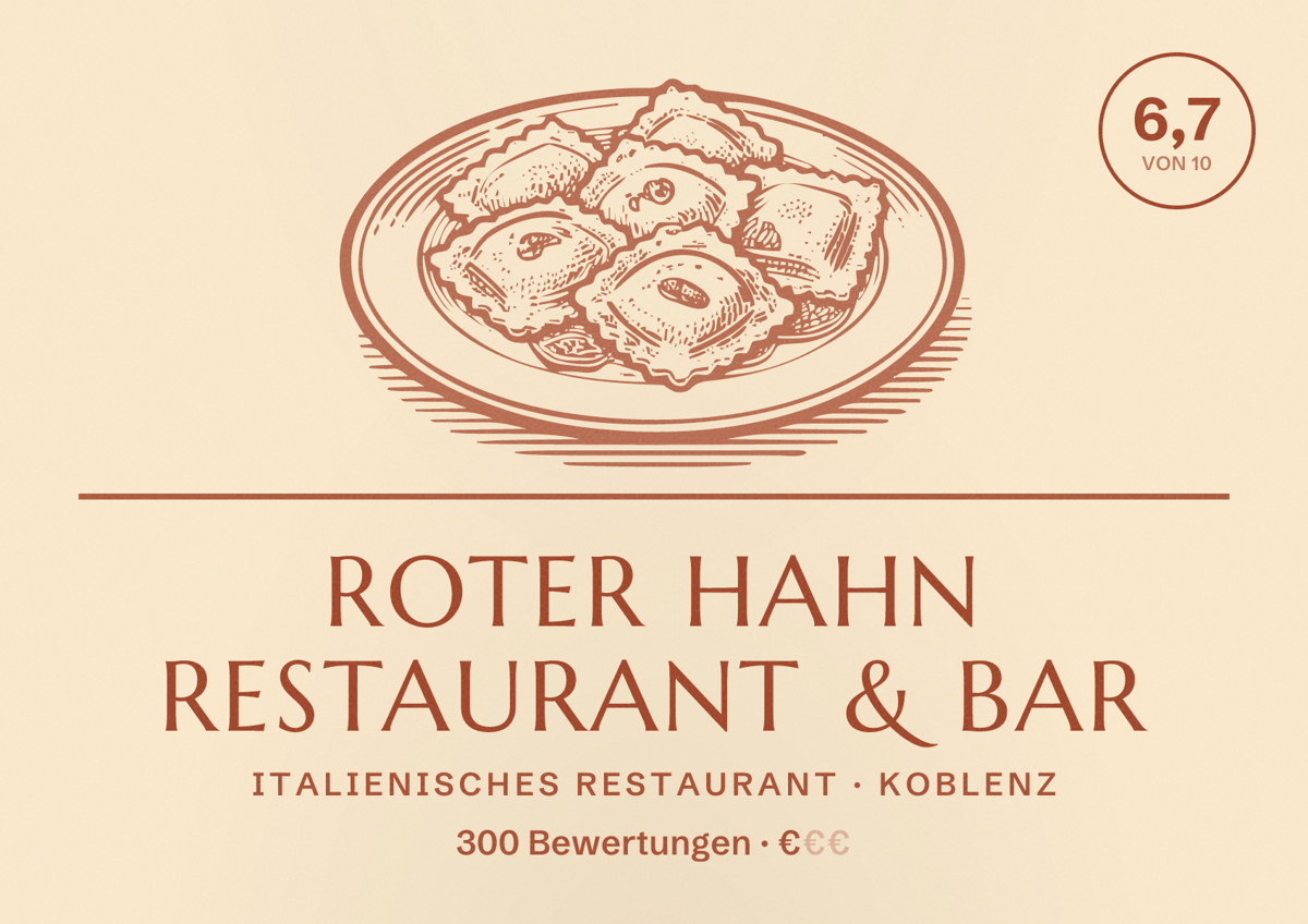 Illustriertes Poster von Roter Hahn Restaurant & Bar, Italienisches Restaurant in Koblenz: Bewertung 6,7 von 10 aus 300 Bewertungen, Preisniveau €