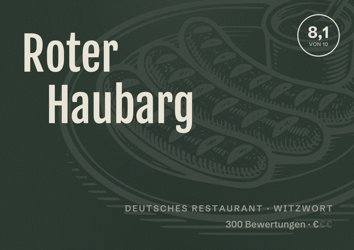 Illustriertes Poster von Roter Haubarg, Deutsches Restaurant in Witzwort: Bewertung 8,1 von 10 aus 300 Bewertungen, Preisniveau €