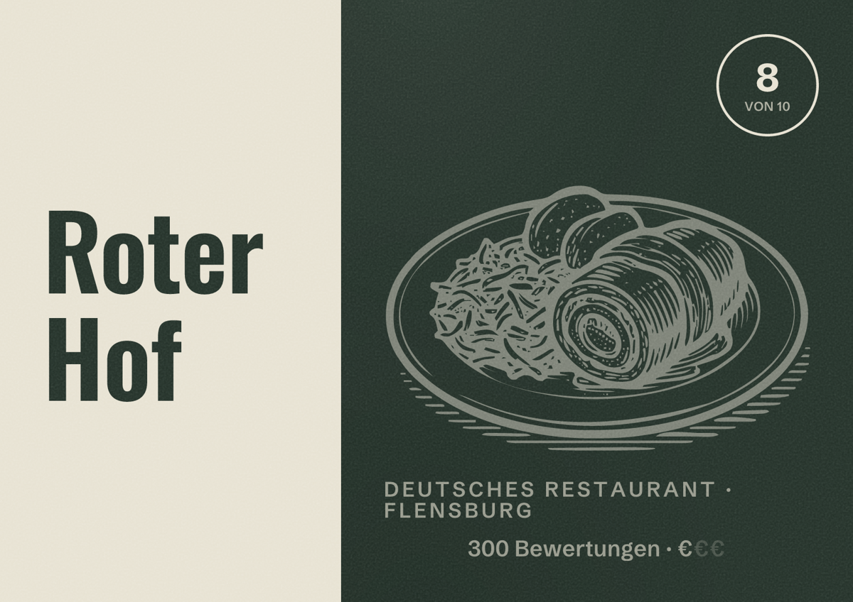 Illustriertes Poster von Roter Hof, Deutsches Restaurant in Flensburg: Bewertung 8 von 10 aus 300 Bewertungen, Preisniveau €