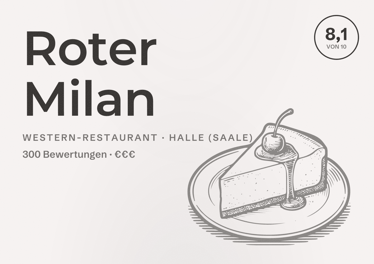 Illustriertes Poster von Roter Milan, Western-Restaurant in Halle (Saale): Bewertung 8,1 von 10 aus 300 Bewertungen, Preisniveau €€€
