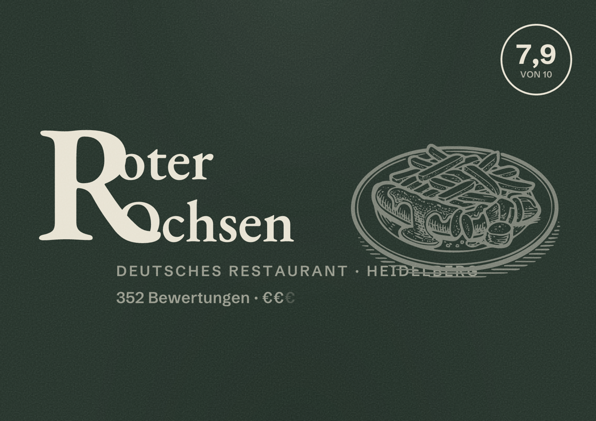 Illustriertes Poster von Roter Ochsen, Deutsches Restaurant in Heidelberg: Bewertung 7,9 von 10 aus 352 Bewertungen, Preisniveau €€
