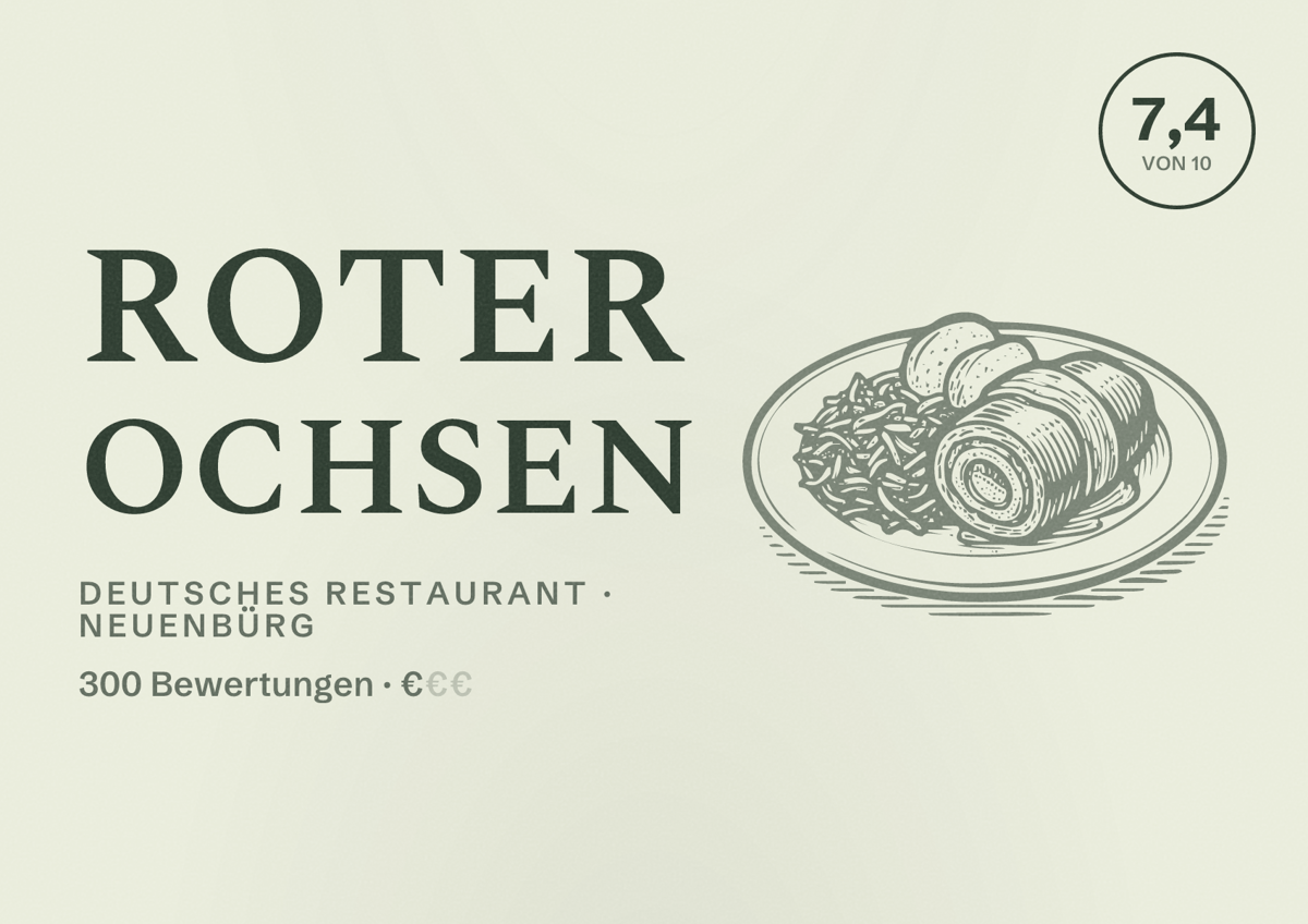 Illustriertes Poster von Roter Ochsen, Deutsches Restaurant in Neuenbürg: Bewertung 7,4 von 10 aus 300 Bewertungen, Preisniveau €