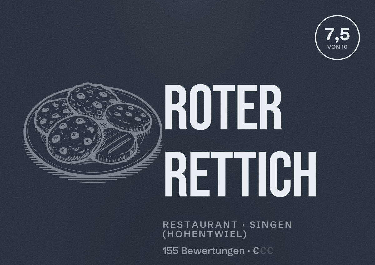 Illustriertes Poster von Roter Rettich, Restaurant in Singen (Hohentwiel): Bewertung 7,5 von 10 aus 155 Bewertungen, Preisniveau €