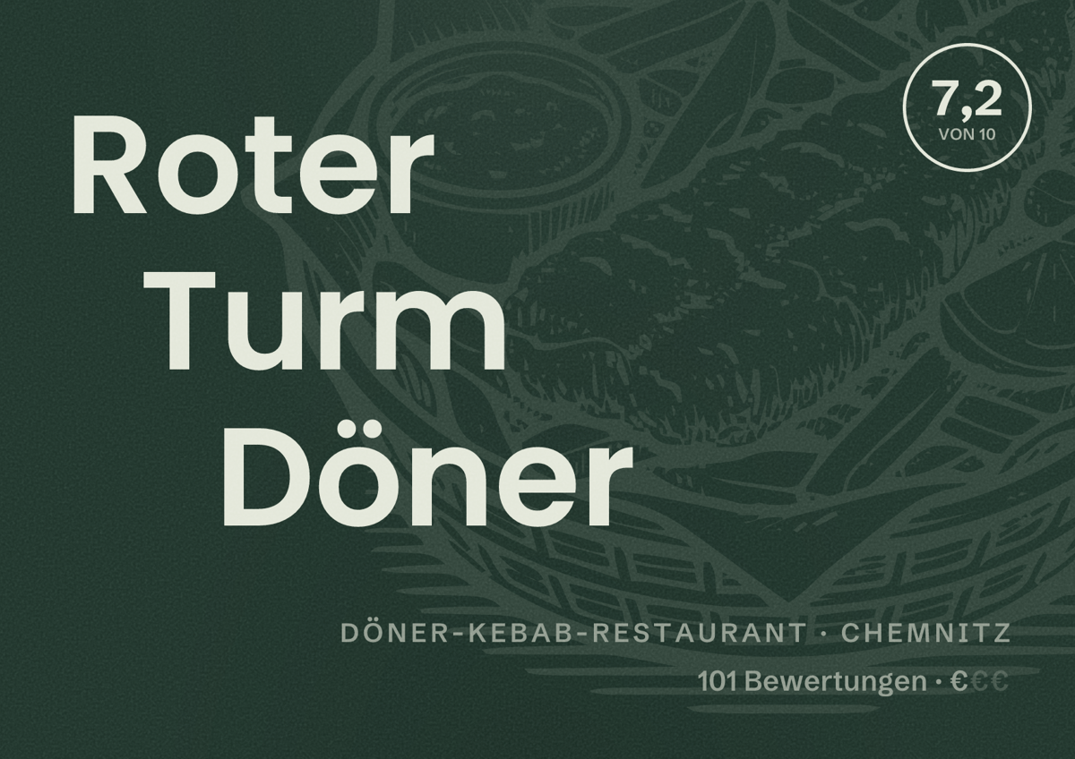 Illustriertes Poster von Roter Turm Döner, Döner-Kebab-Restaurant in Chemnitz: Bewertung 7,2 von 10 aus 101 Bewertungen, Preisniveau €