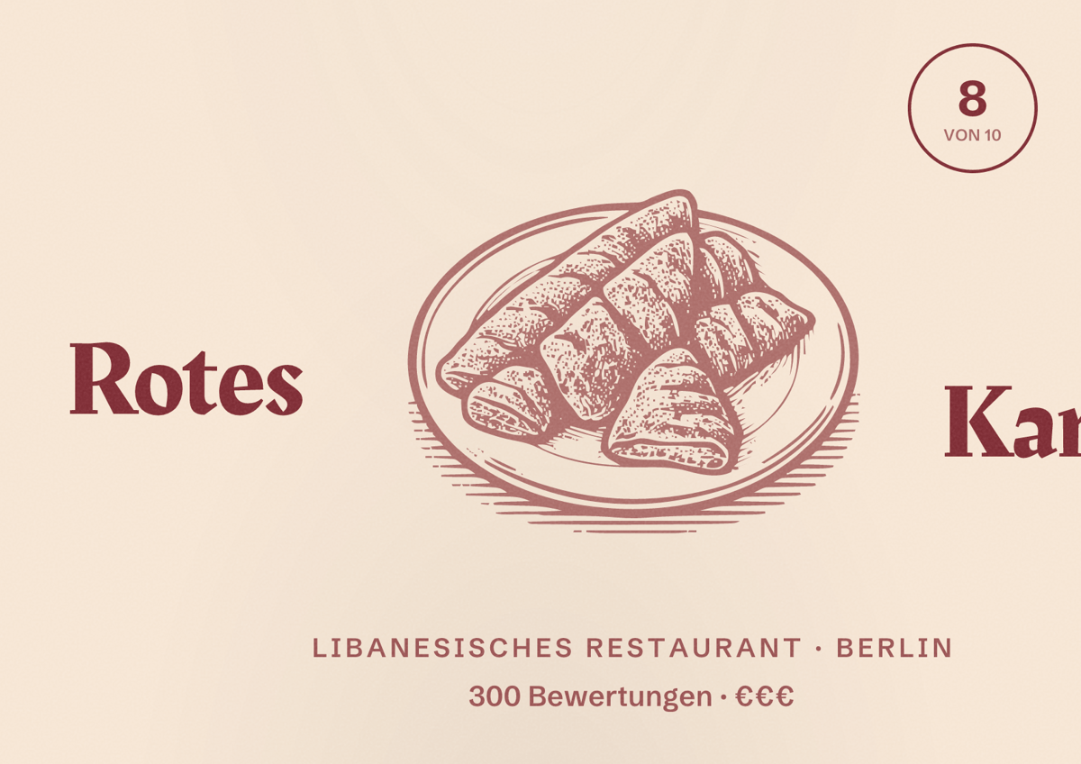 Illustriertes Poster von Rotes Kamel, Libanesisches Restaurant in Berlin: Bewertung 8,0 von 10 aus 300 Bewertungen, Preisniveau €€€