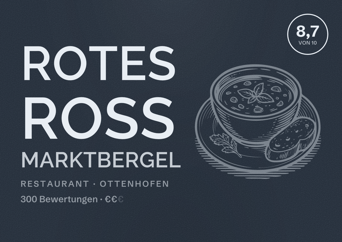 Illustriertes Poster von Rotes Ross Marktbergel, Restaurant in Ottenhofen: Bewertung 8,7 von 10 aus 300 Bewertungen, Preisniveau €€