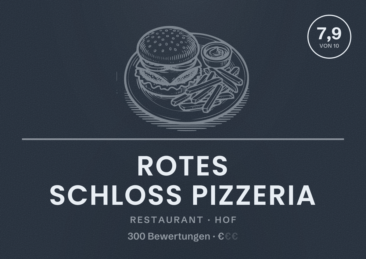 Illustriertes Poster von Rotes Schloß Pizzeria, Restaurant in Hof: Bewertung 7,9 von 10 aus 300 Bewertungen, Preisniveau €
