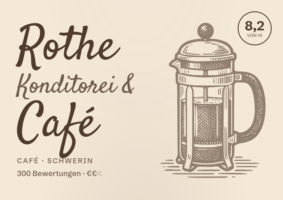 Illustriertes Poster von Rothe Konditorei & Café, Café in Schwerin: Bewertung 8,2 von 10 aus 300 Bewertungen, Preisniveau €€
