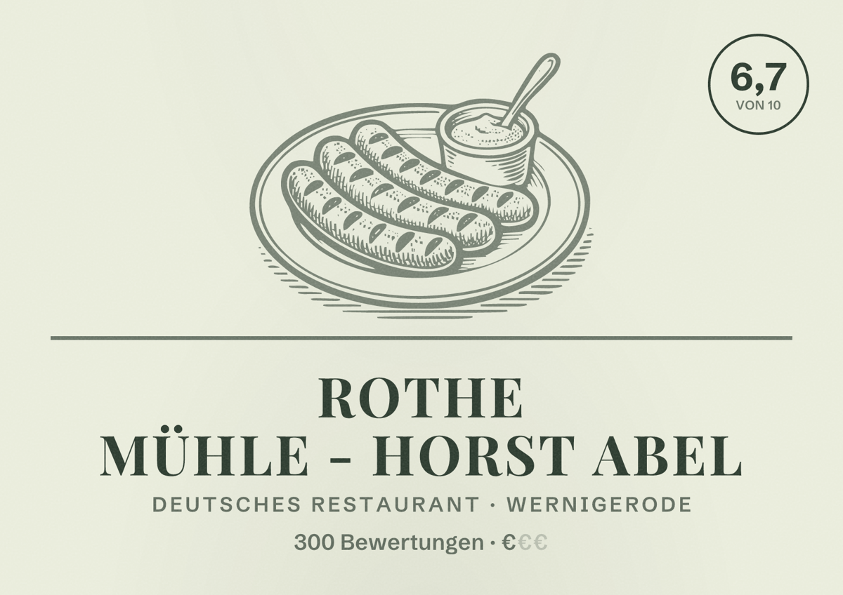 Illustriertes Poster von Rothe Mühle - Horst Abel, Deutsches Restaurant in Wernigerode: Bewertung 6,7 von 10 aus 300 Bewertungen, Preisniveau €