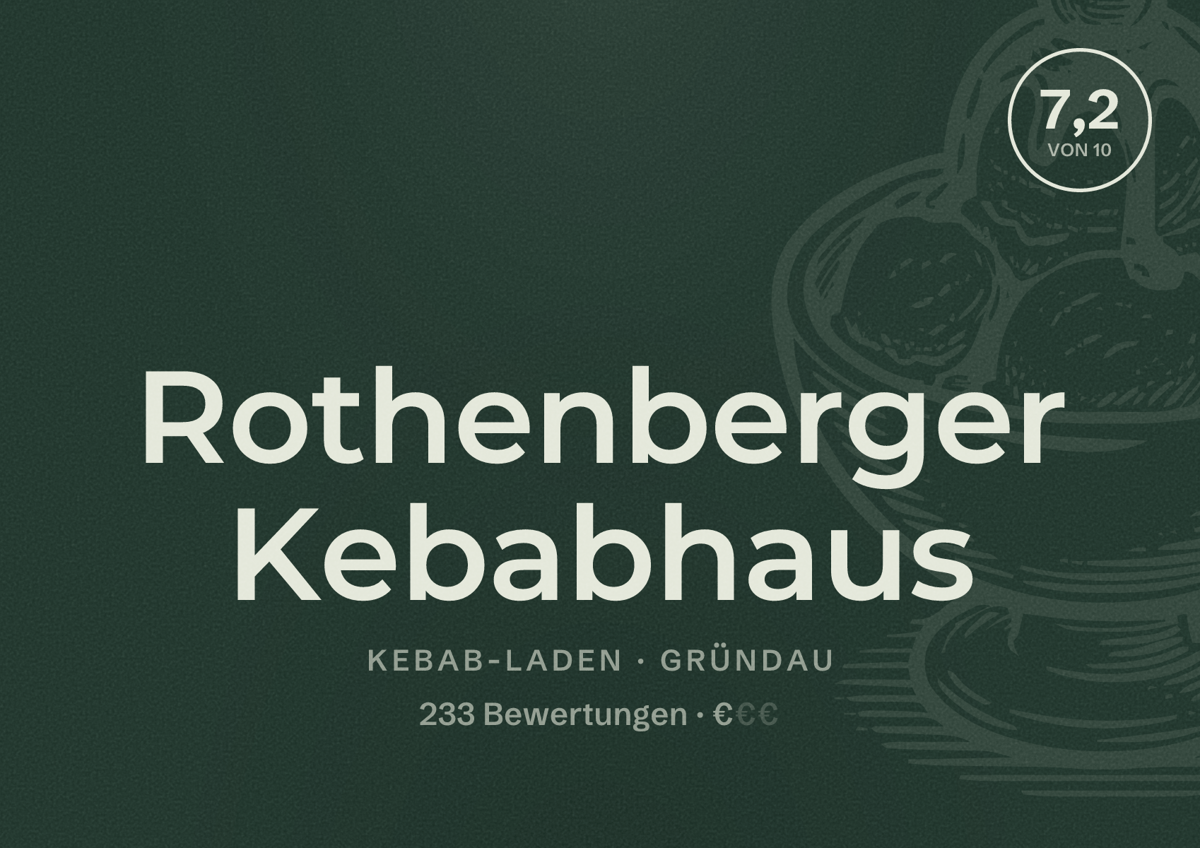 Illustriertes Poster von Rothenberger Kebabhaus, Kebab-Laden in Gründau: Bewertung 7,2 von 10 aus 233 Bewertungen, Preisniveau €