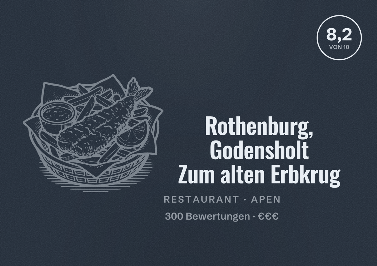 Illustriertes Poster von Rothenburg, Godensholt Zum alten Erbkrug, Restaurant in Apen: Bewertung 8,2 von 10 aus 300 Bewertungen, Preisniveau €€€