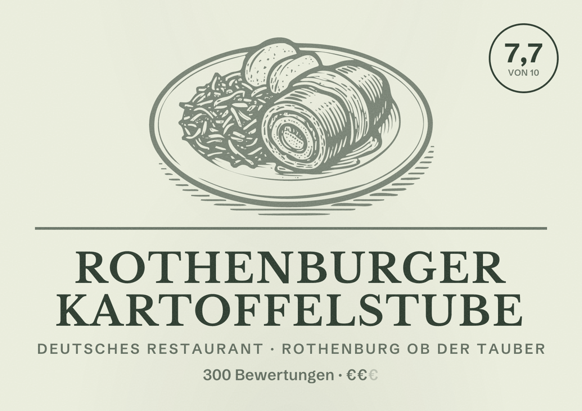 Illustriertes Poster von Rothenburger Kartoffelstube, Deutsches Restaurant in Rothenburg ob der Tauber: Bewertung 7,7 von 10 aus 300 Bewertungen, Preisniveau €€