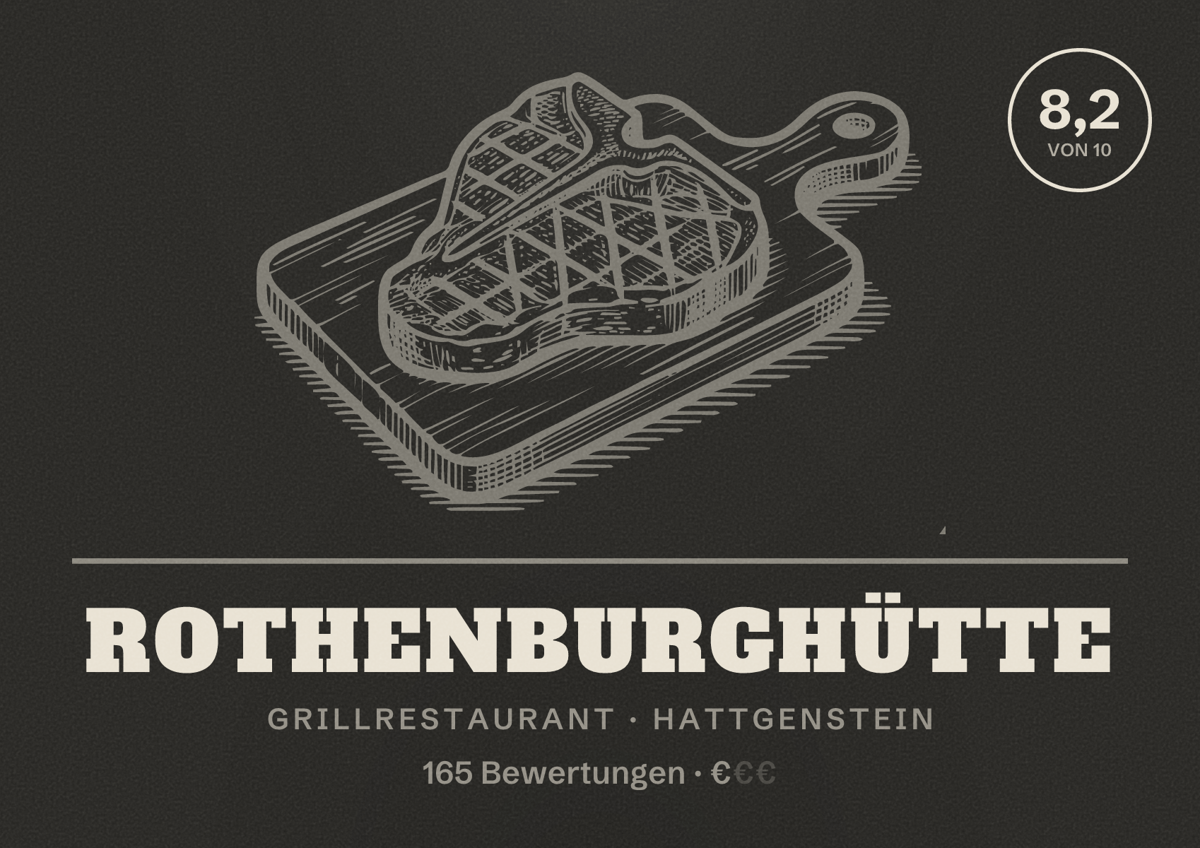 Illustriertes Poster von Rothenburghütte, Grillrestaurant in Hattgenstein: Bewertung 8,2 von 10 aus 165 Bewertungen, Preisniveau €