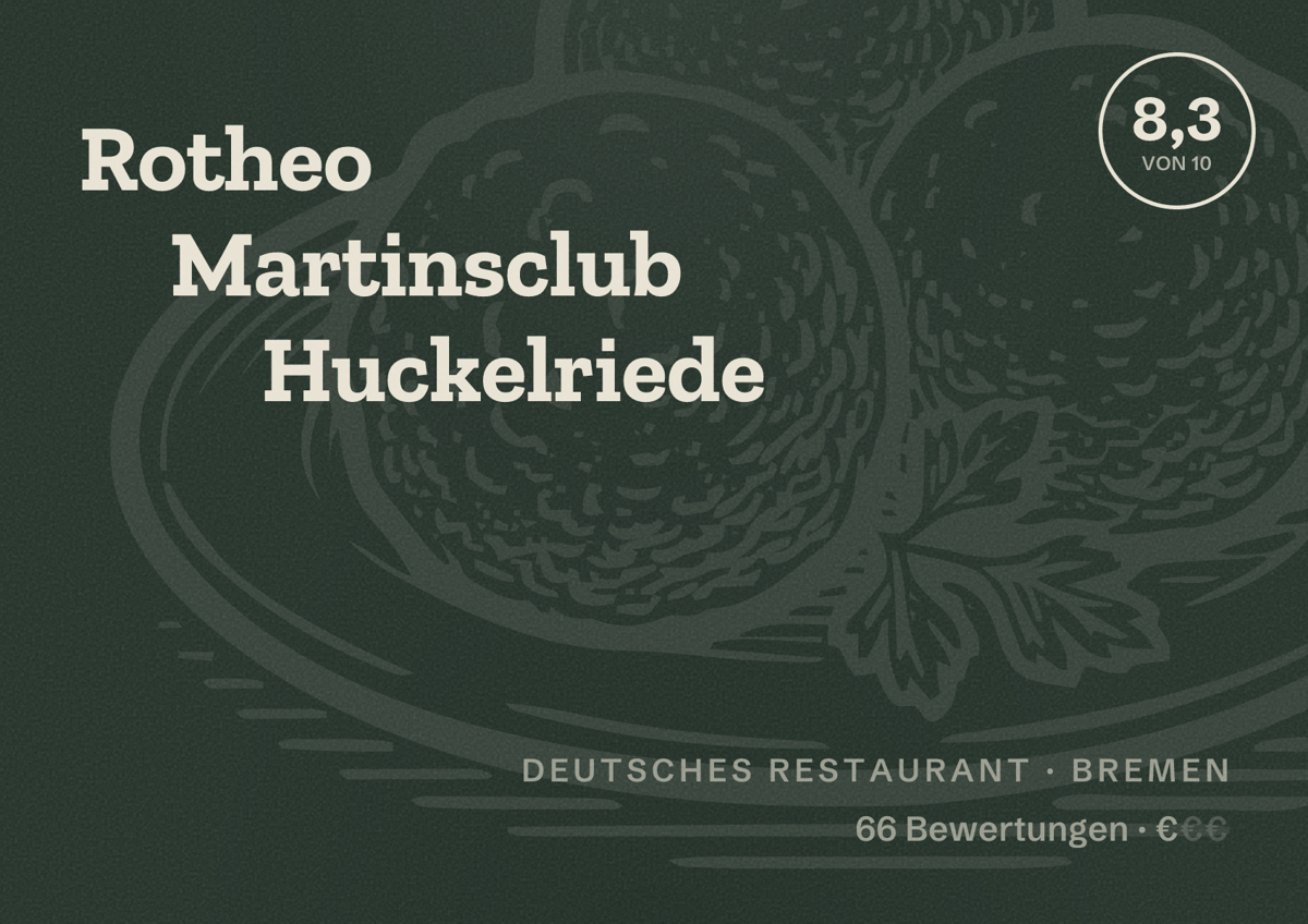 Illustriertes Poster von Rotheo Martinsclub Huckelriede, Deutsches Restaurant in Bremen: Bewertung 8,3 von 10 aus 66 Bewertungen, Preisniveau €