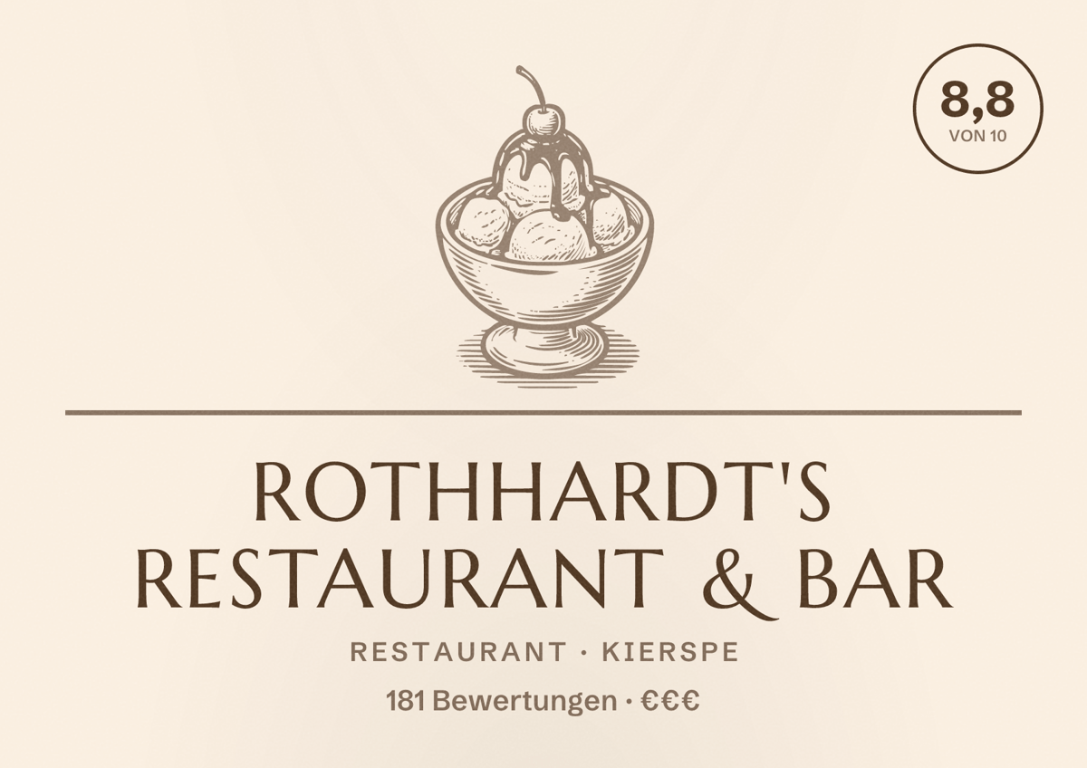 Illustriertes Poster von Rothhardt's Restaurant & Bar, Restaurant in Kierspe: Bewertung 8,8 von 10 aus 181 Bewertungen, Preisniveau €€€