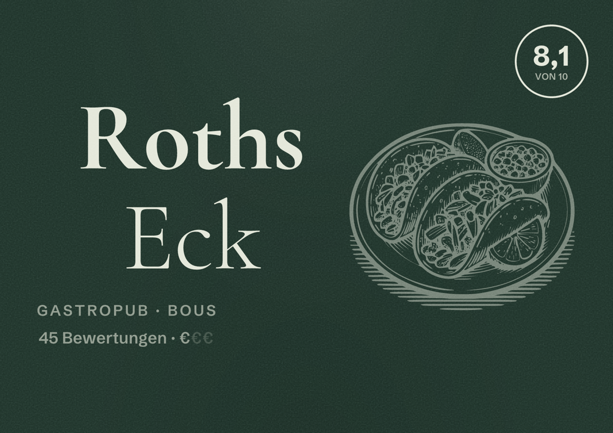 Illustriertes Poster von Roths Eck, Gastropub in Bous: Bewertung 8,1 von 10 aus 45 Bewertungen, Preisniveau €