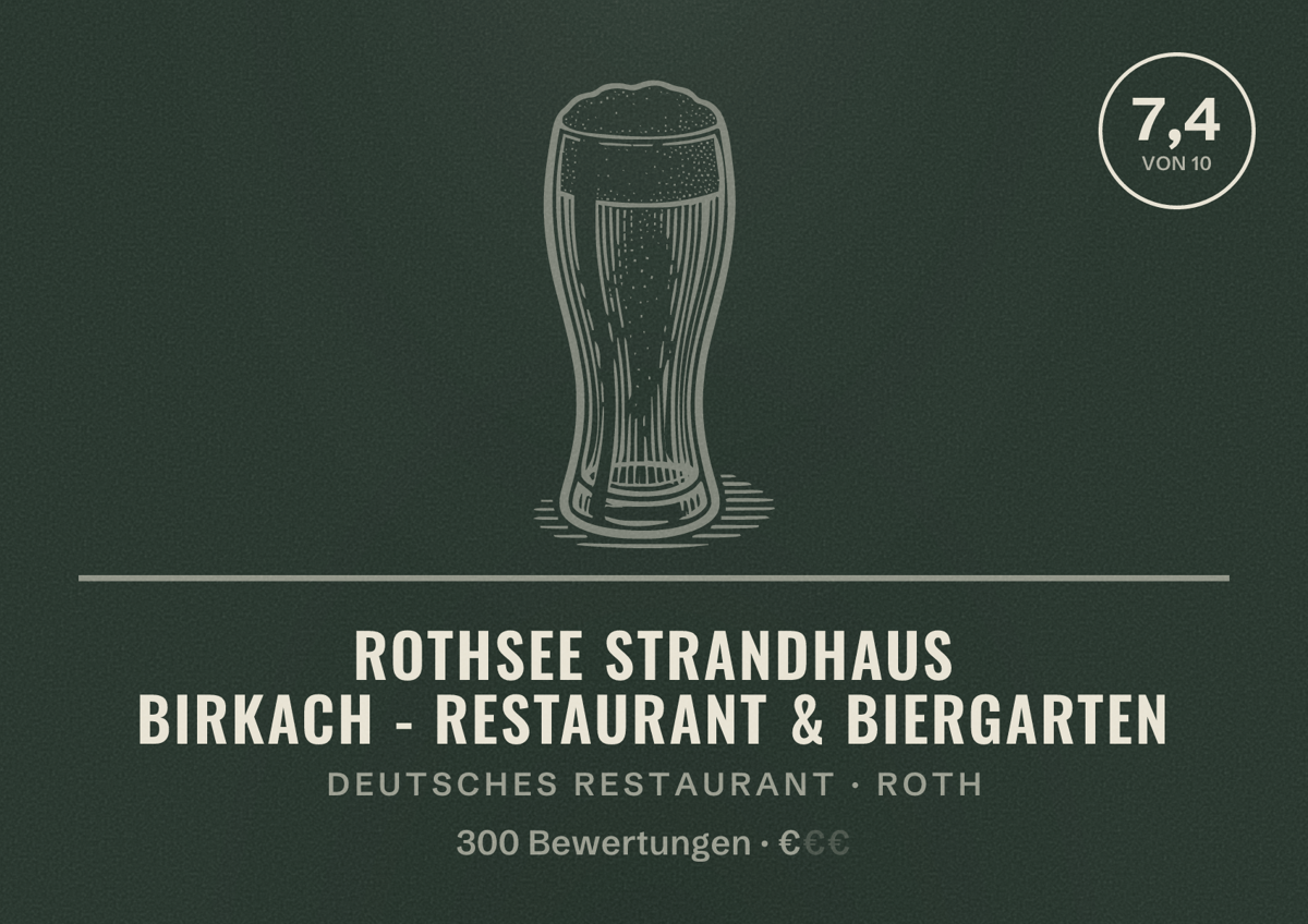 Illustriertes Poster von Rothsee Strandhaus Birkach - Restaurant & Biergarten, Deutsches Restaurant in Roth: Bewertung 7,4 von 10 aus 300 Bewertungen, Preisniveau €