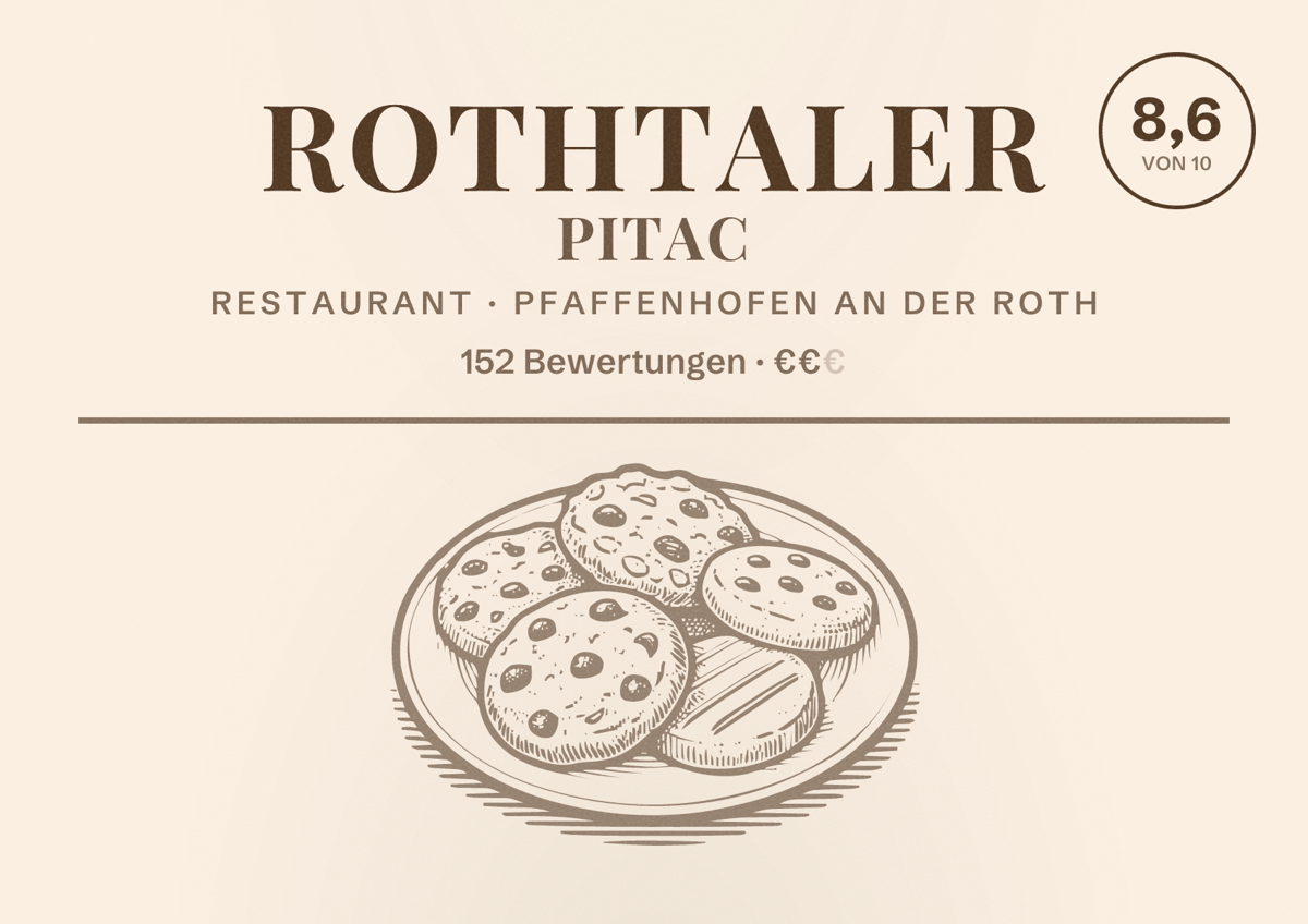 Illustriertes Poster von Rothtaler Pitac, Restaurant in Pfaffenhofen an der Roth: Bewertung 8,6 von 10 aus 152 Bewertungen, Preisniveau €€
