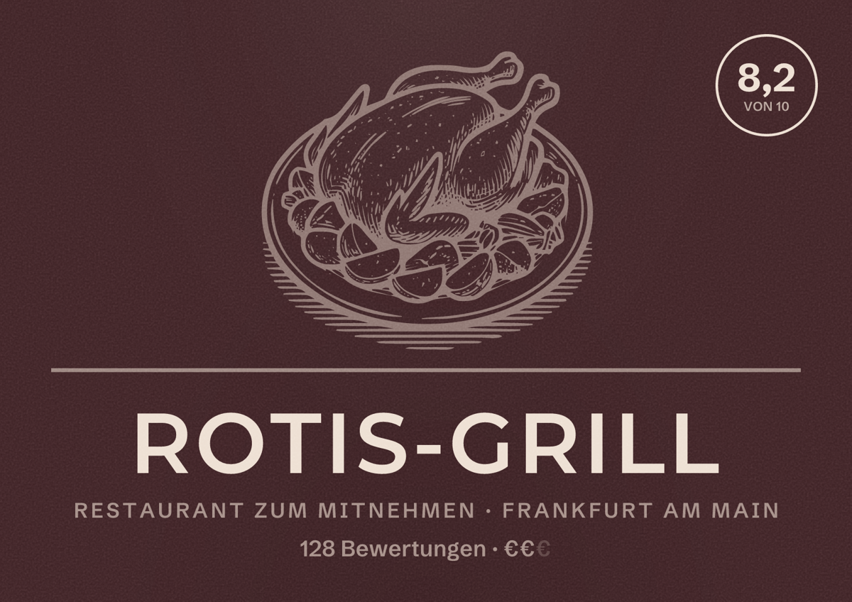Illustriertes Poster von Rotis-Grill, Restaurant zum Mitnehmen in Frankfurt am Main: Bewertung 8,2 von 10 aus 128 Bewertungen, Preisniveau €€