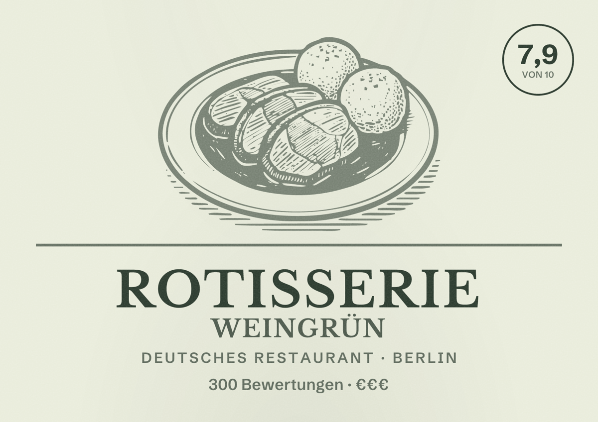 Illustriertes Poster von Rotisserie Weingrün, Deutsches Restaurant in Berlin: Bewertung 7,9 von 10 aus 300 Bewertungen, Preisniveau €€€