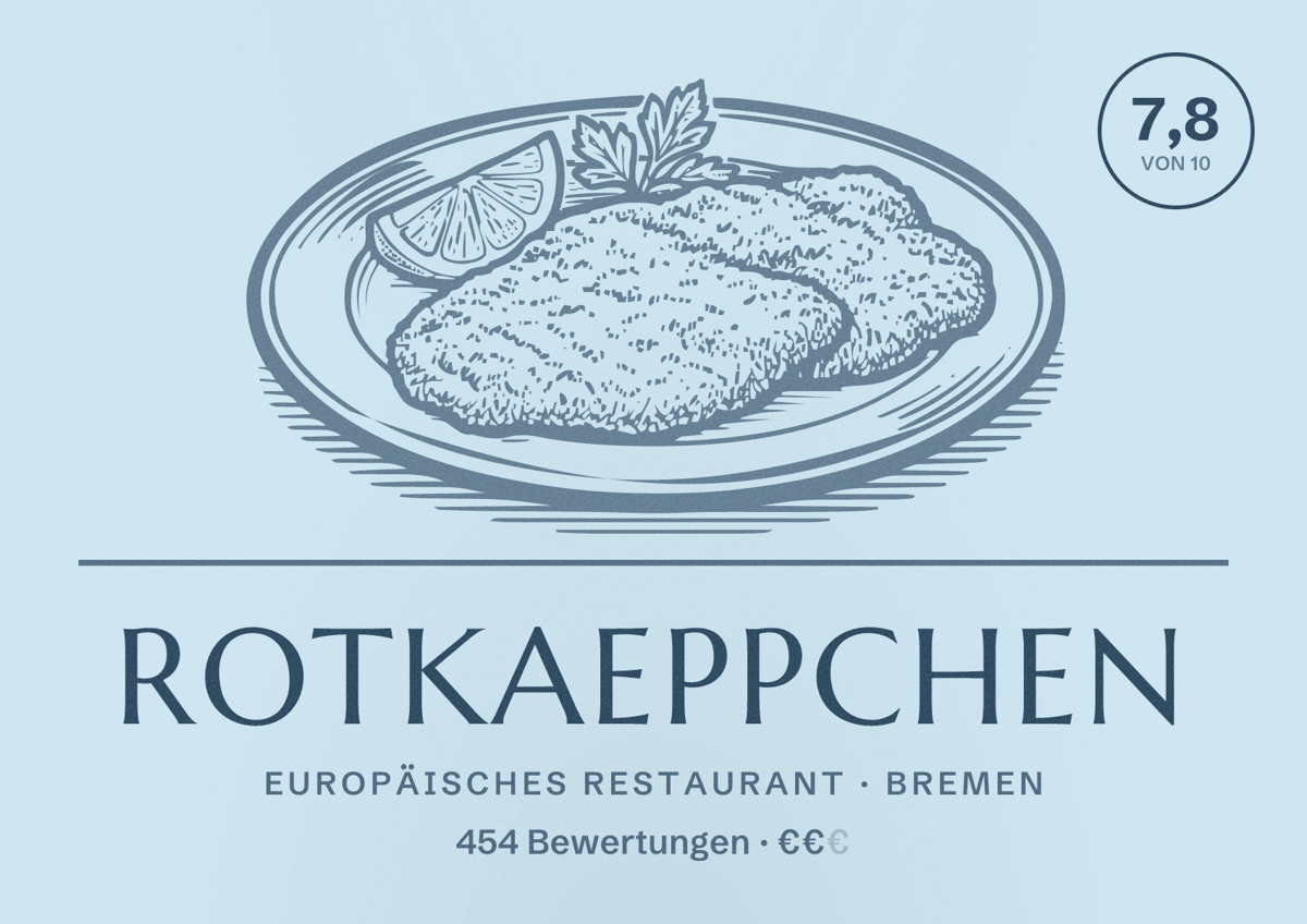 Illustriertes Poster von Rotkaeppchen, Europäisches Restaurant in Bremen: Bewertung 7,8 von 10 aus 454 Bewertungen, Preisniveau €€