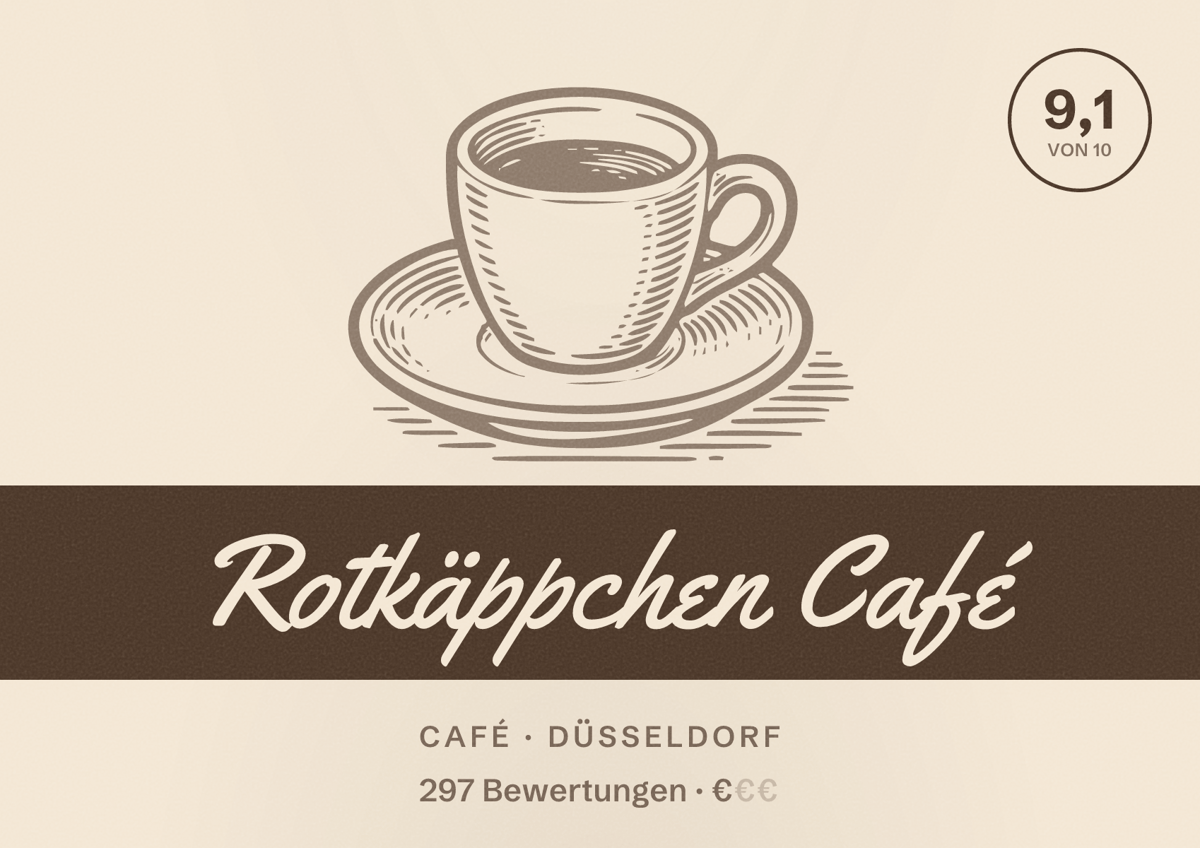 Illustriertes Poster von Rotkäppchen Café, Café in Düsseldorf: Bewertung 9,1 von 10 aus 297 Bewertungen, Preisniveau €