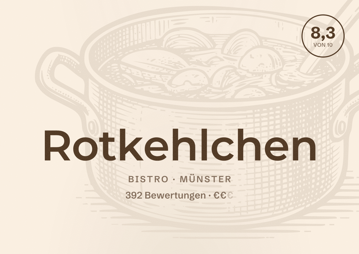 Illustriertes Poster von Rotkehlchen, Bistro in Münster: Bewertung 8,3 von 10 aus 392 Bewertungen, Preisniveau €€