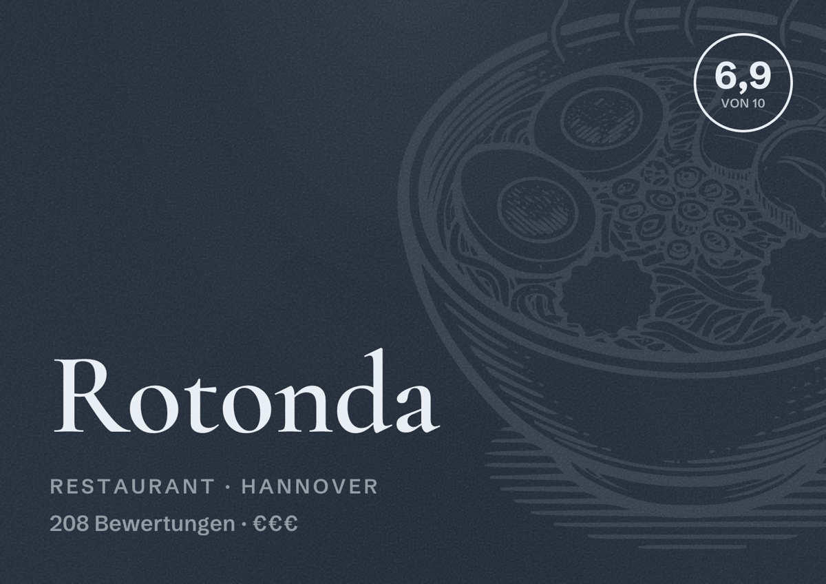 Illustriertes Poster von Rotonda, Restaurant in Hannover: Bewertung 6,9 von 10 aus 208 Bewertungen, Preisniveau €€€