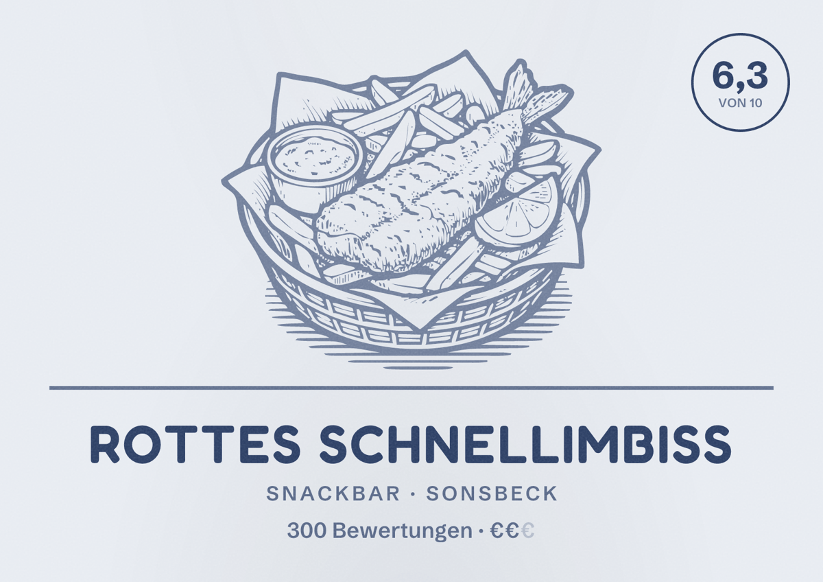 Illustriertes Poster von Rottes Schnellimbiß, Snackbar in Sonsbeck: Bewertung 6,3 von 10 aus 300 Bewertungen, Preisniveau €€
