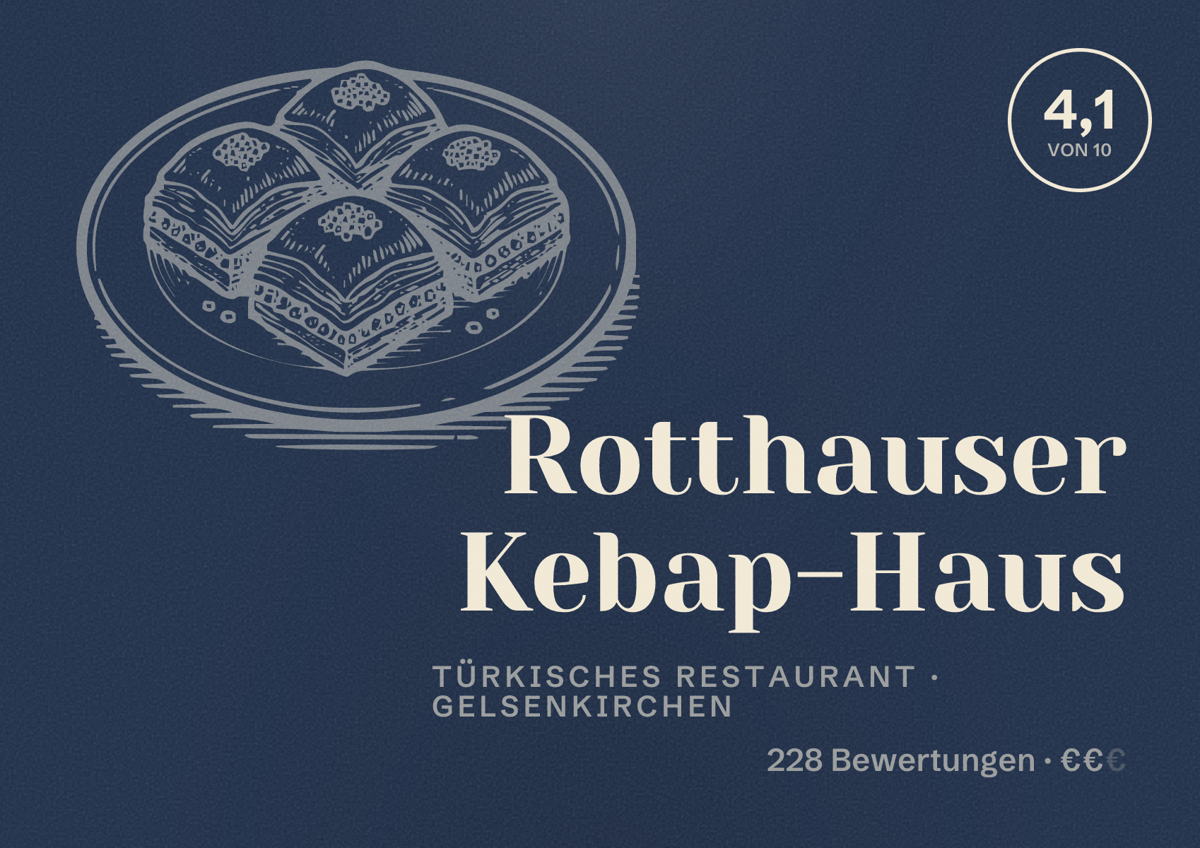 Illustriertes Poster von Rotthauser Kebap-Haus, Türkisches Restaurant in Gelsenkirchen: Bewertung 4,1 von 10 aus 228 Bewertungen, Preisniveau €€