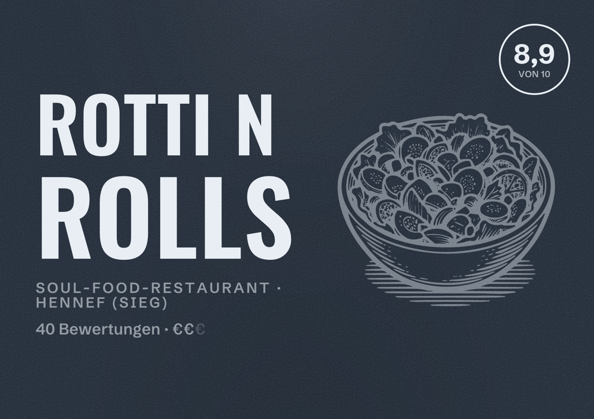 Illustriertes Poster von Rotti n Rolls, Soul-Food-Restaurant in Hennef (Sieg): Bewertung 8,9 von 10 aus 40 Bewertungen, Preisniveau €€