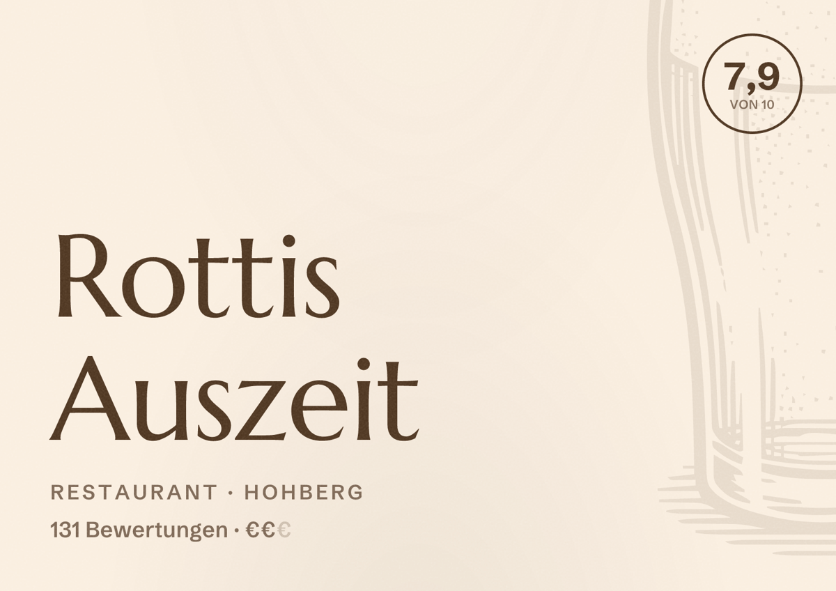 Illustriertes Poster von Rottis Auszeit, Restaurant in Hohberg: Bewertung 7,9 von 10 aus 131 Bewertungen, Preisniveau €€
