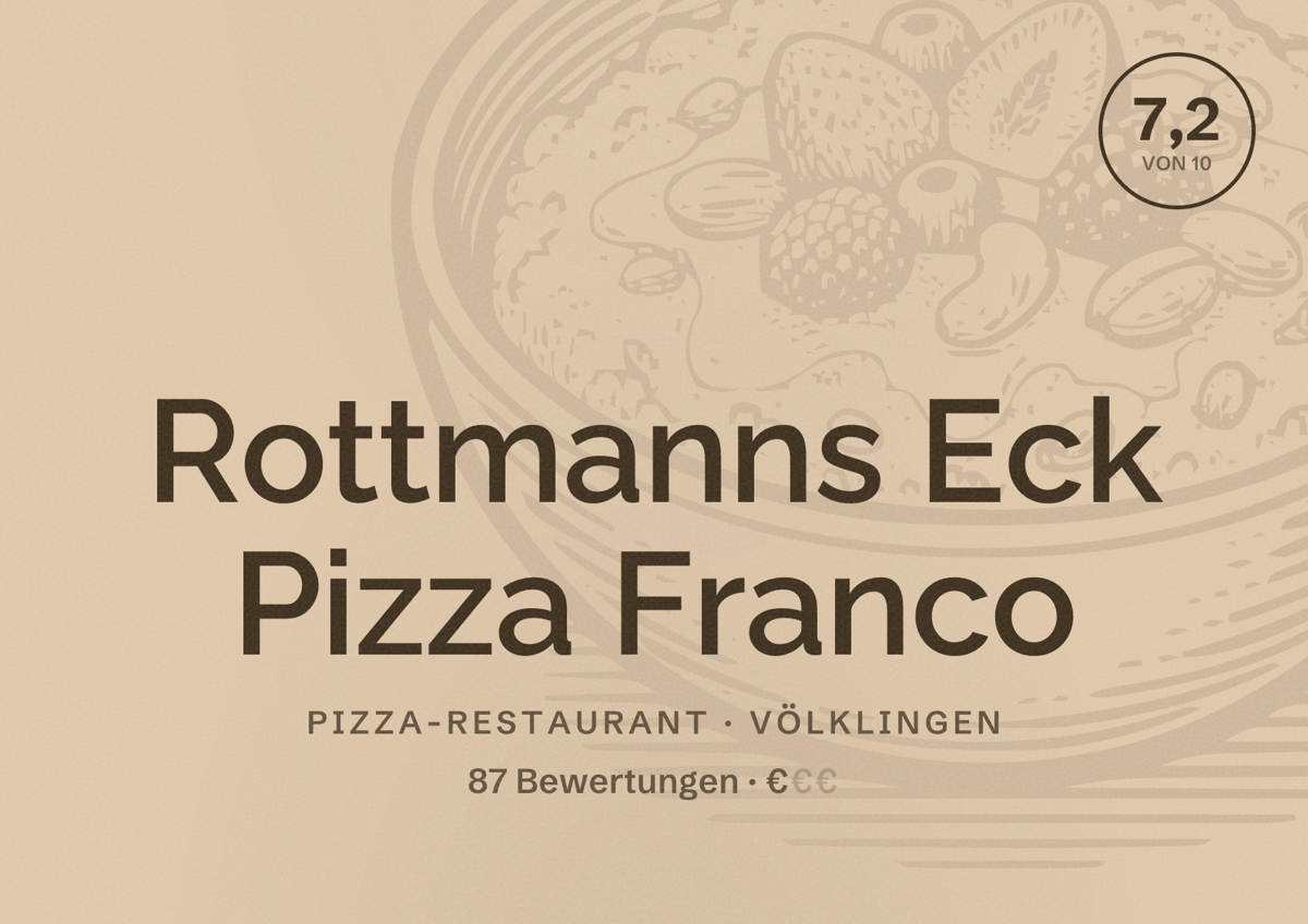 Illustriertes Poster von Rottmanns Eck Pizza Franco, Pizza-Restaurant in Völklingen: Bewertung 7,2 von 10 aus 87 Bewertungen, Preisniveau €