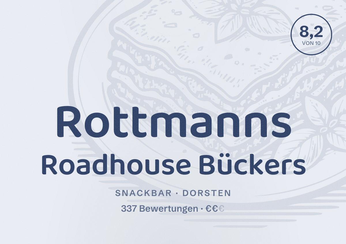 Illustriertes Poster von Rottmanns Roadhouse Bückers, Snackbar in Dorsten: Bewertung 8,2 von 10 aus 337 Bewertungen, Preisniveau €€