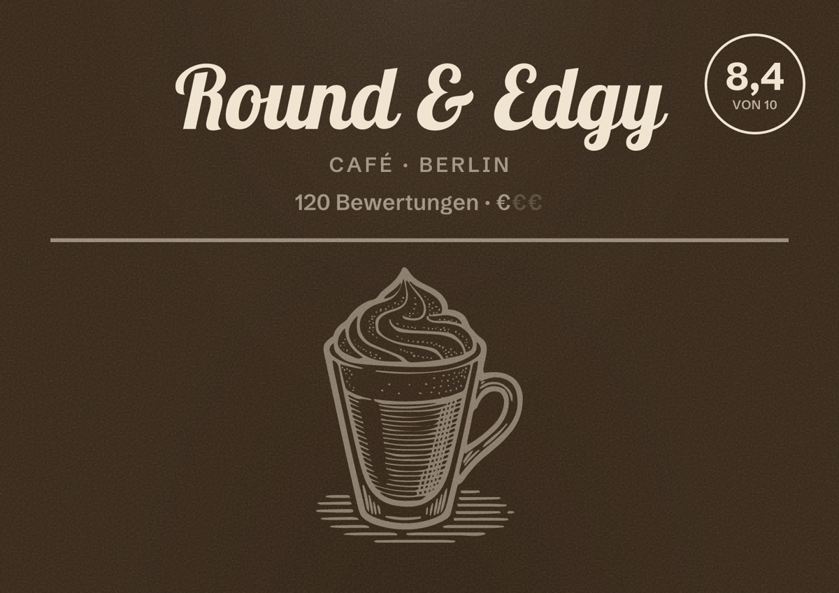 Illustriertes Poster von Round & Edgy, Café in Berlin: Bewertung 8,4 von 10 aus 120 Bewertungen, Preisniveau €