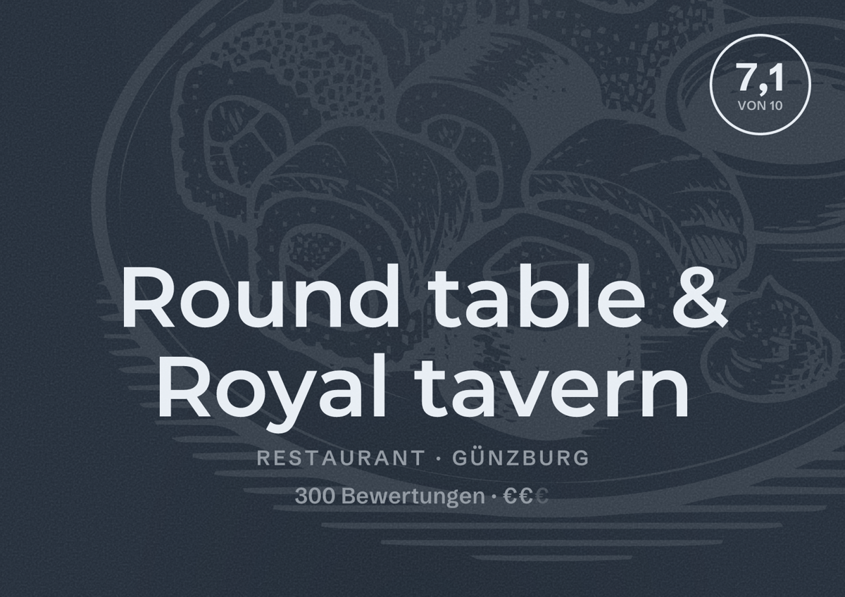Illustriertes Poster von Round table & Royal tavern, Restaurant in Günzburg: Bewertung 7,1 von 10 aus 300 Bewertungen, Preisniveau €€