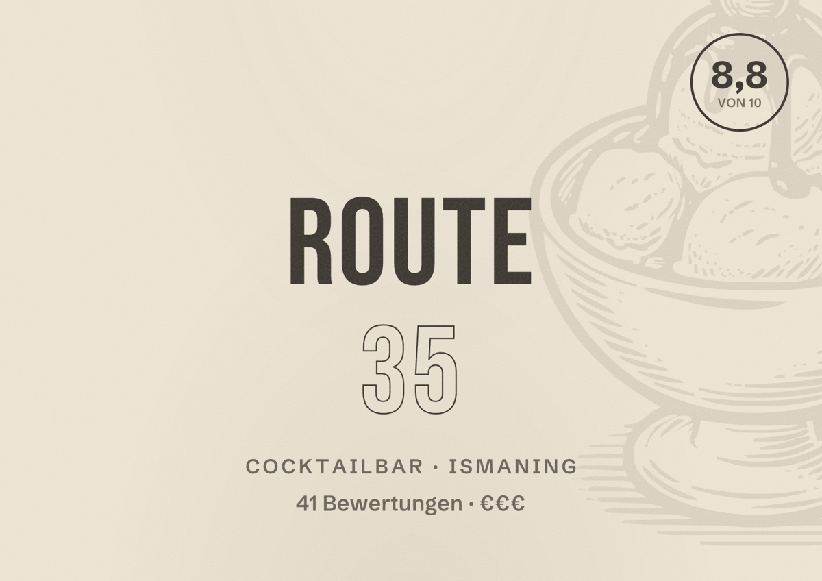 Illustriertes Poster von Route 35, Cocktailbar in Ismaning: Bewertung 8,8 von 10 aus 41 Bewertungen, Preisniveau €€€