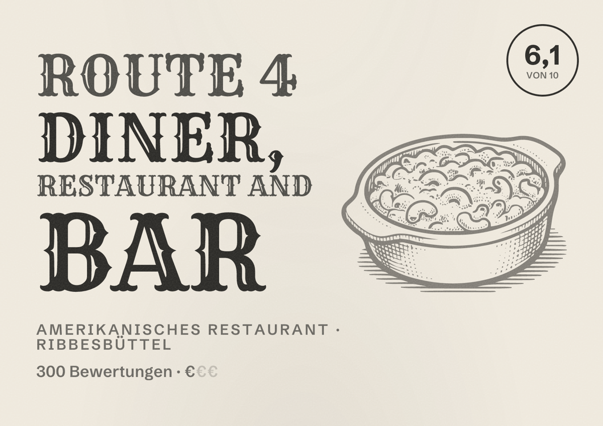 Illustriertes Poster von Route 4 DINER, Restaurant and Bar, Amerikanisches Restaurant in Ribbesbüttel: Bewertung 6,1 von 10 aus 300 Bewertungen, Preisniveau €