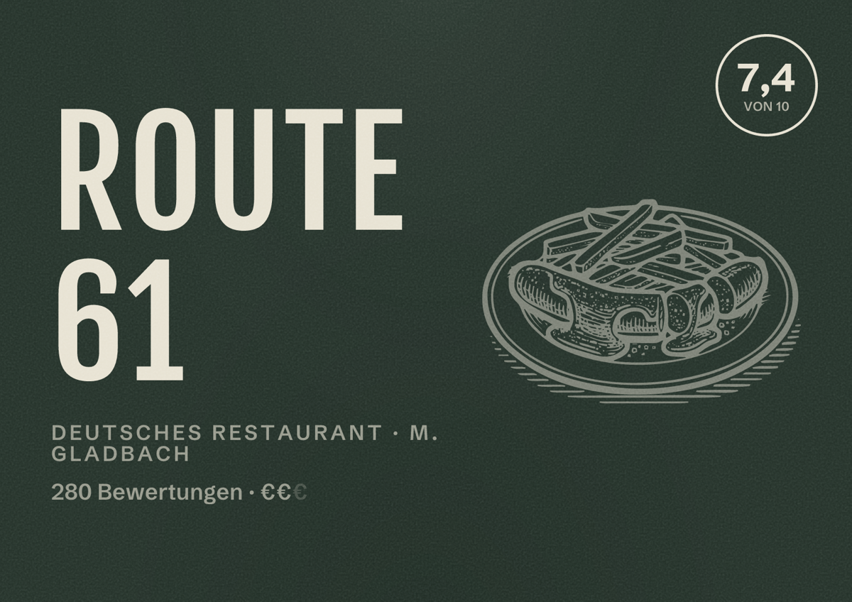 Illustriertes Poster von Route 61, Deutsches Restaurant in M. Gladbach: Bewertung 7,4 von 10 aus 280 Bewertungen, Preisniveau €€