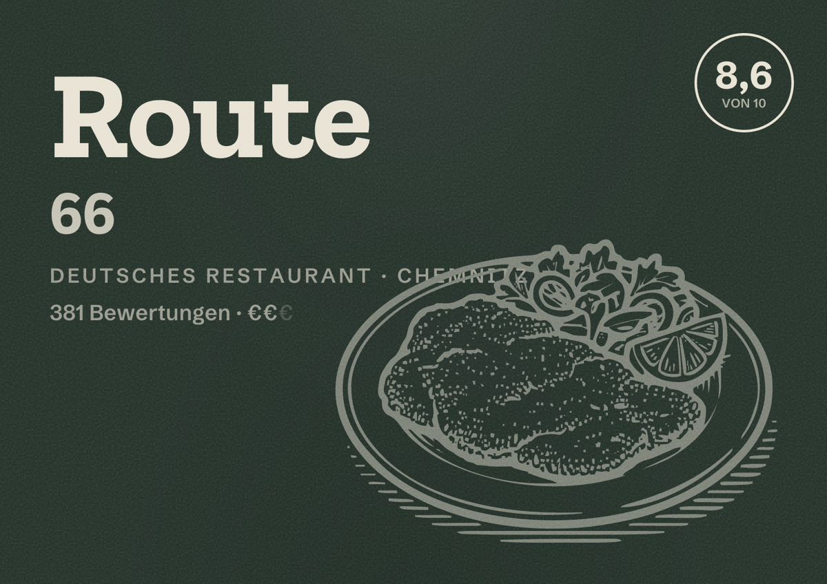 Illustriertes Poster von Route 66, Deutsches Restaurant in Chemnitz: Bewertung 8,6 von 10 aus 381 Bewertungen, Preisniveau €€